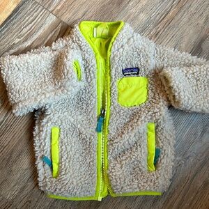 Patagonia jacket, size 12-18 months, gender neutral, tan with lime green accents